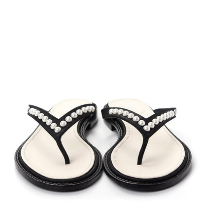 Chanel Suede Pearl Thong Sandals 40 Black 2 of 10