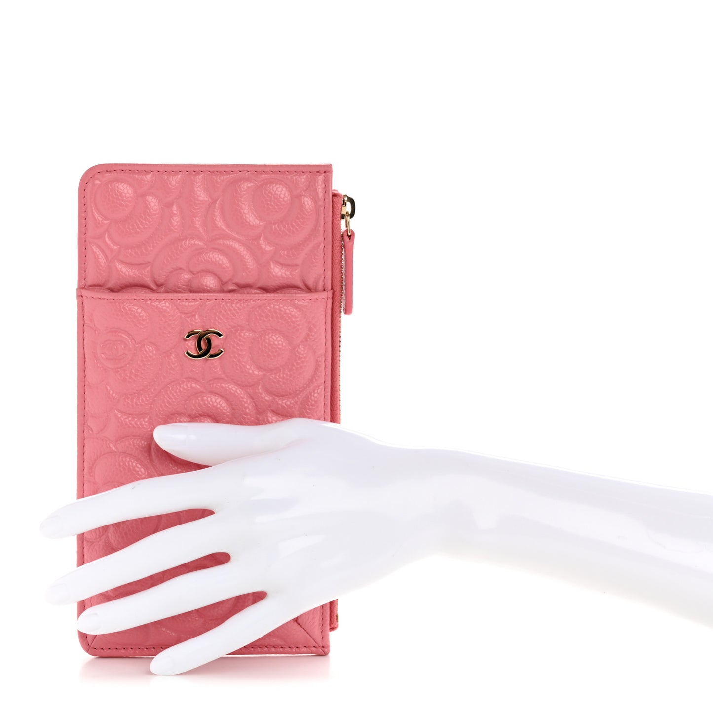 Caviar Camellia Embossed Classic Flat Wallet Pouch Pink