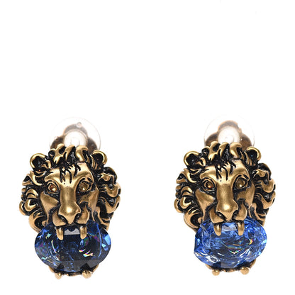 Gucci Metal Crystal Lion Clip On Earrings Aged Gold Blue 1 of 5