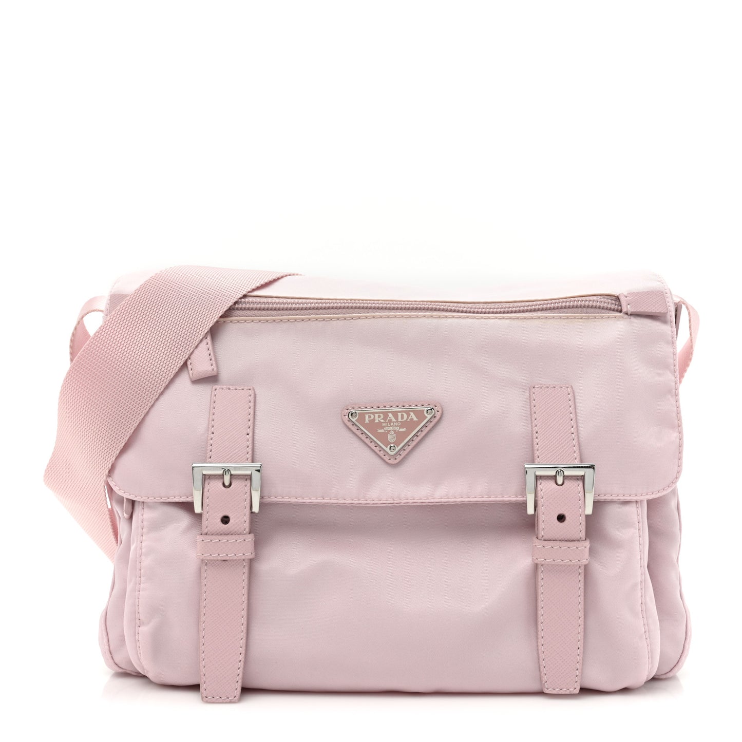 Re-Nylon Vela Saffiano Pocket Double Buckle Messenger Shoulder Bag Alabastro