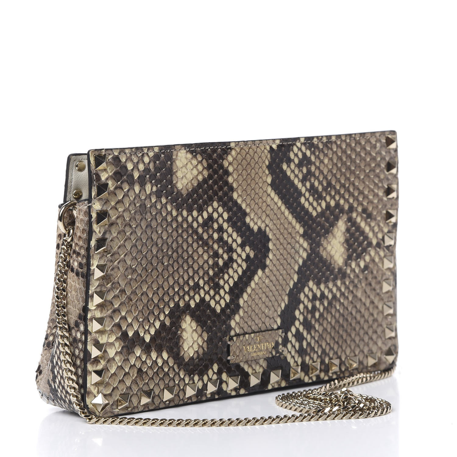 Valentino Garavani Calfskin Python Embossed Rockstud Chain Clutch Roccia 2 of 10
