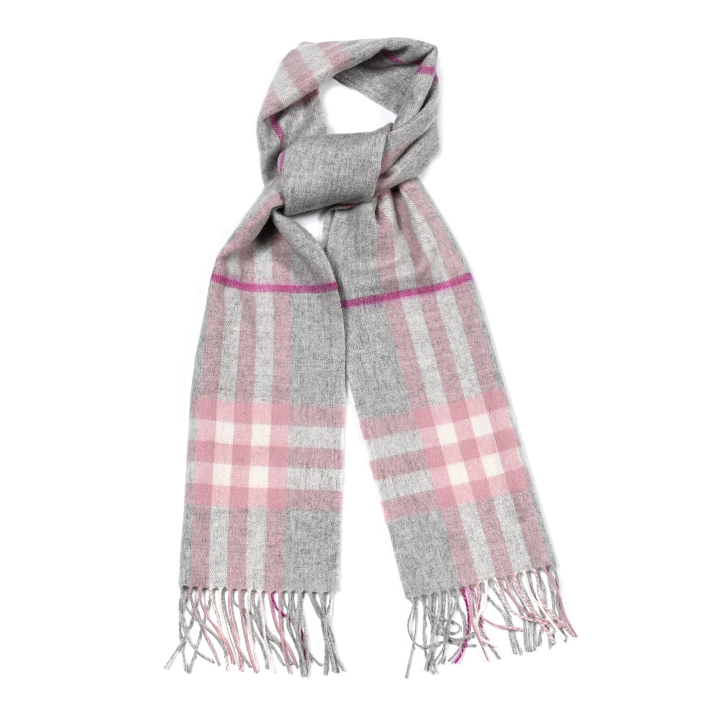 Cashmere Giant Check Fringe Scarf Grey Pink