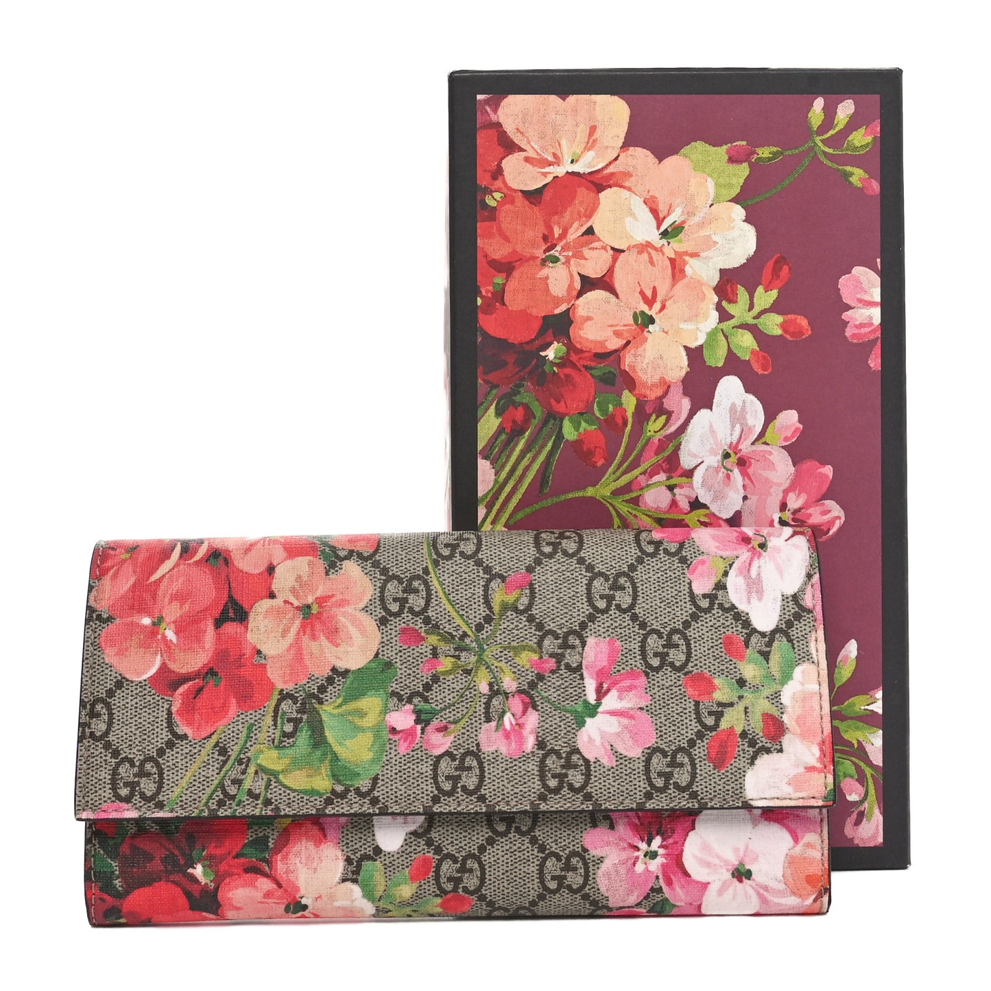 GG Supreme Monogram Blooms Continental Wallet Beige Multicolor Dry Rose
