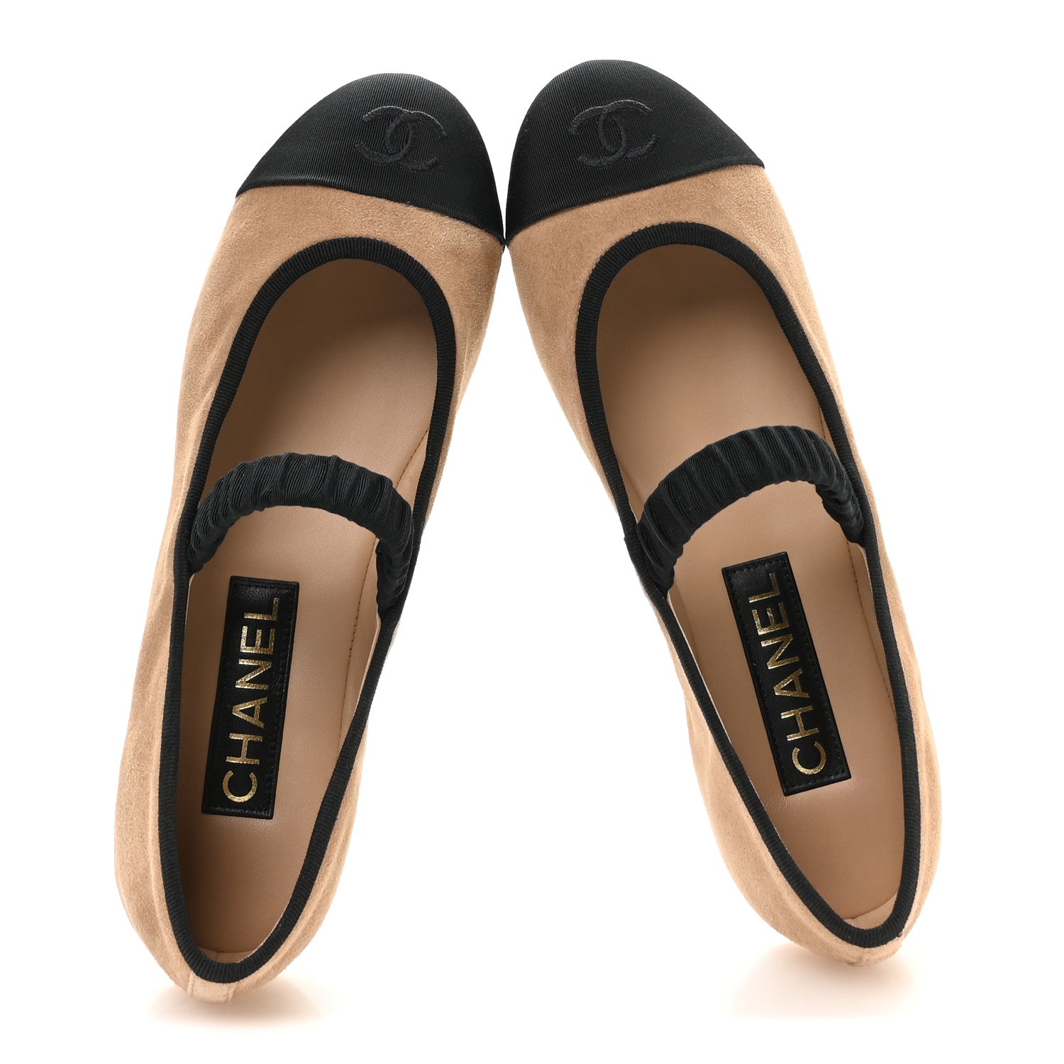 Chanel Suede Kidskin Grosgrain Mary Jane Flats 38 Beige Black 2 of 9