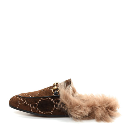 Gucci Velvet GG Monogram Fur Womens Princetown Slippers 37 Brown Black Natural 1 of 10