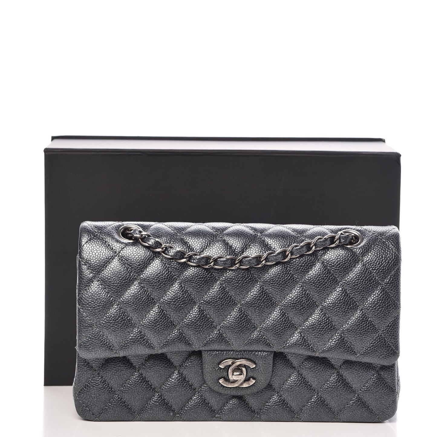 Pearly Caviar Quilted Medium Double Flap Grey