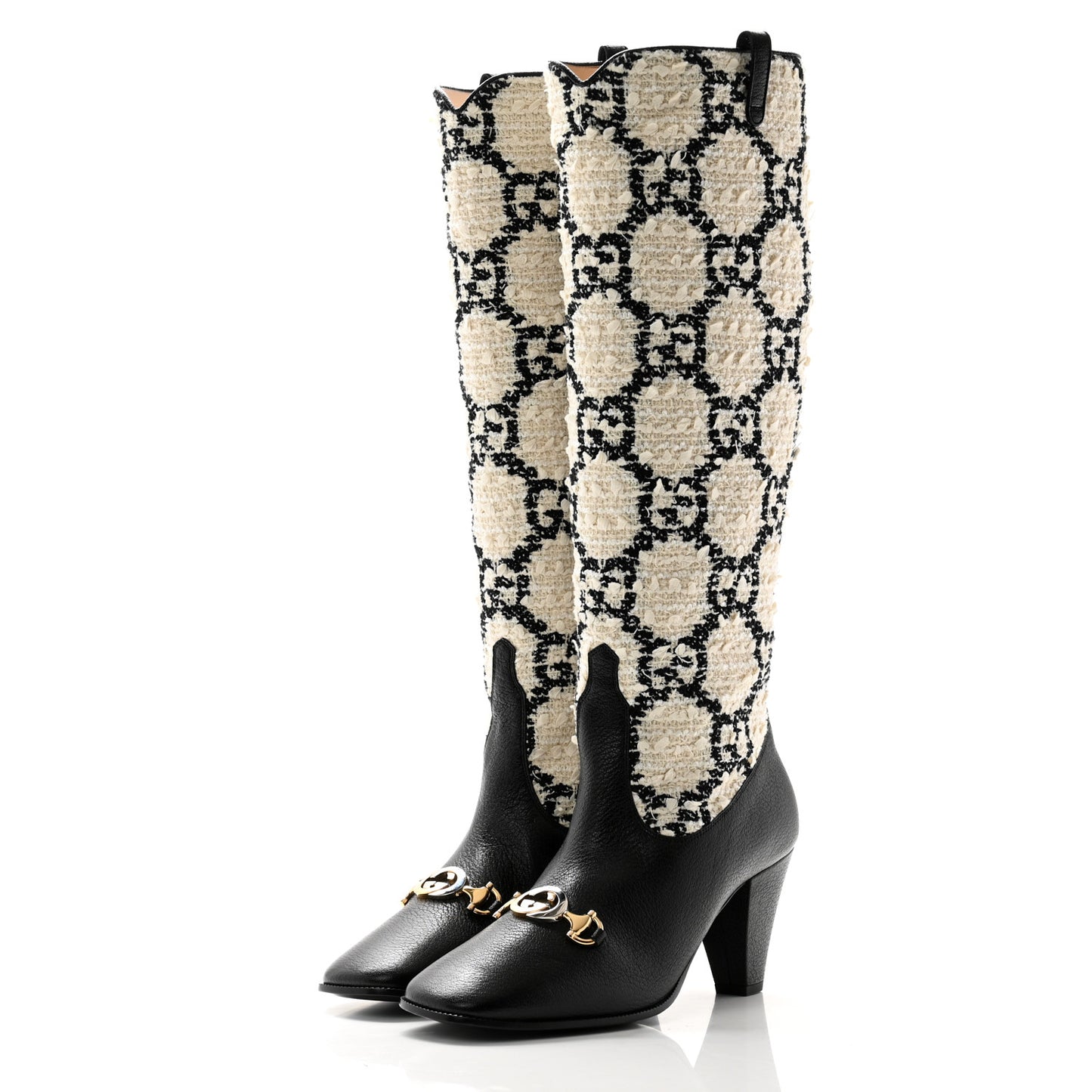 Tweed GG Monogram Wrinkled Kid Zumi Knee Boots 39 Natural Black