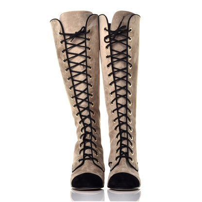Chanel Suede Calfskin Trocadero Knee High Boots 39.5 Beige Black 2 of 7