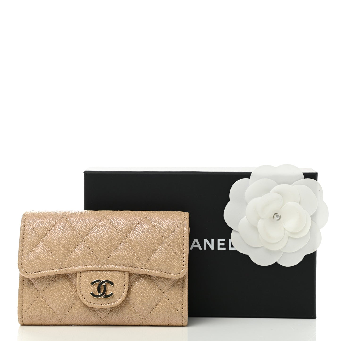 Iridescent Caviar Quilted Flap Card Holder Beige