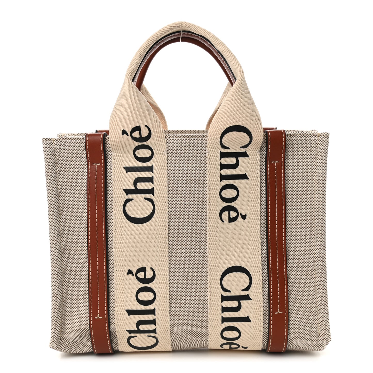 Cotton Calfskin Small Woody Ribbon Tote White Brown