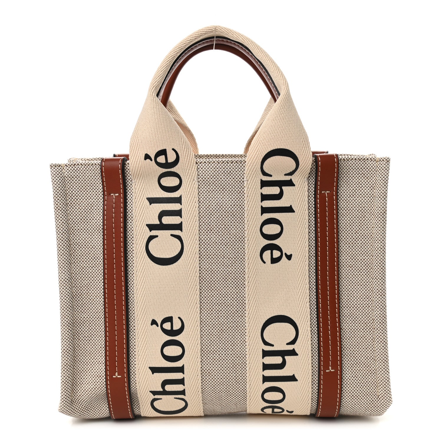 Chloe Cotton Calfskin Small Woody Ribbon Tote White Brown 1 of 10