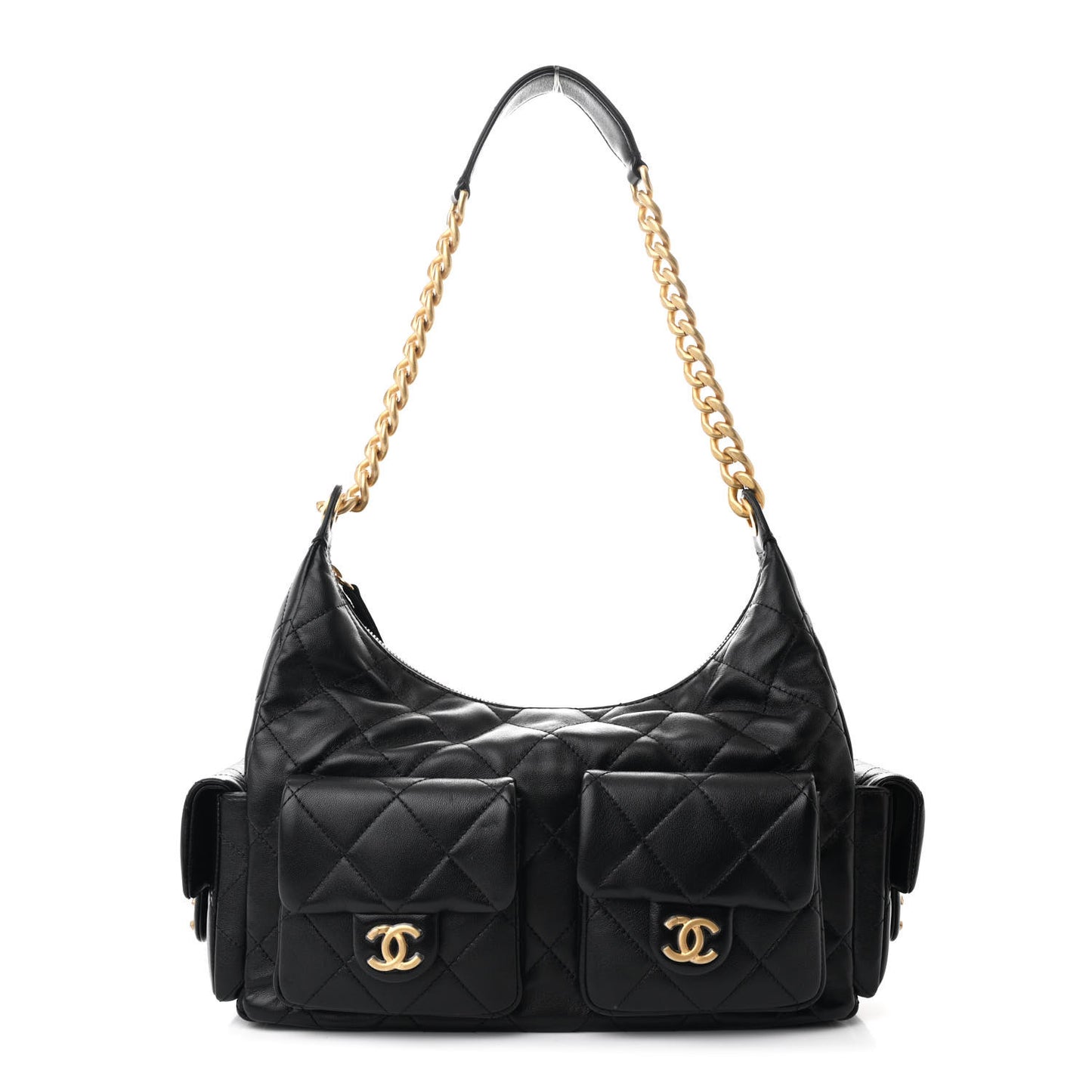 Shiny Lambskin Quilted Trendy Pockets Hobo Black