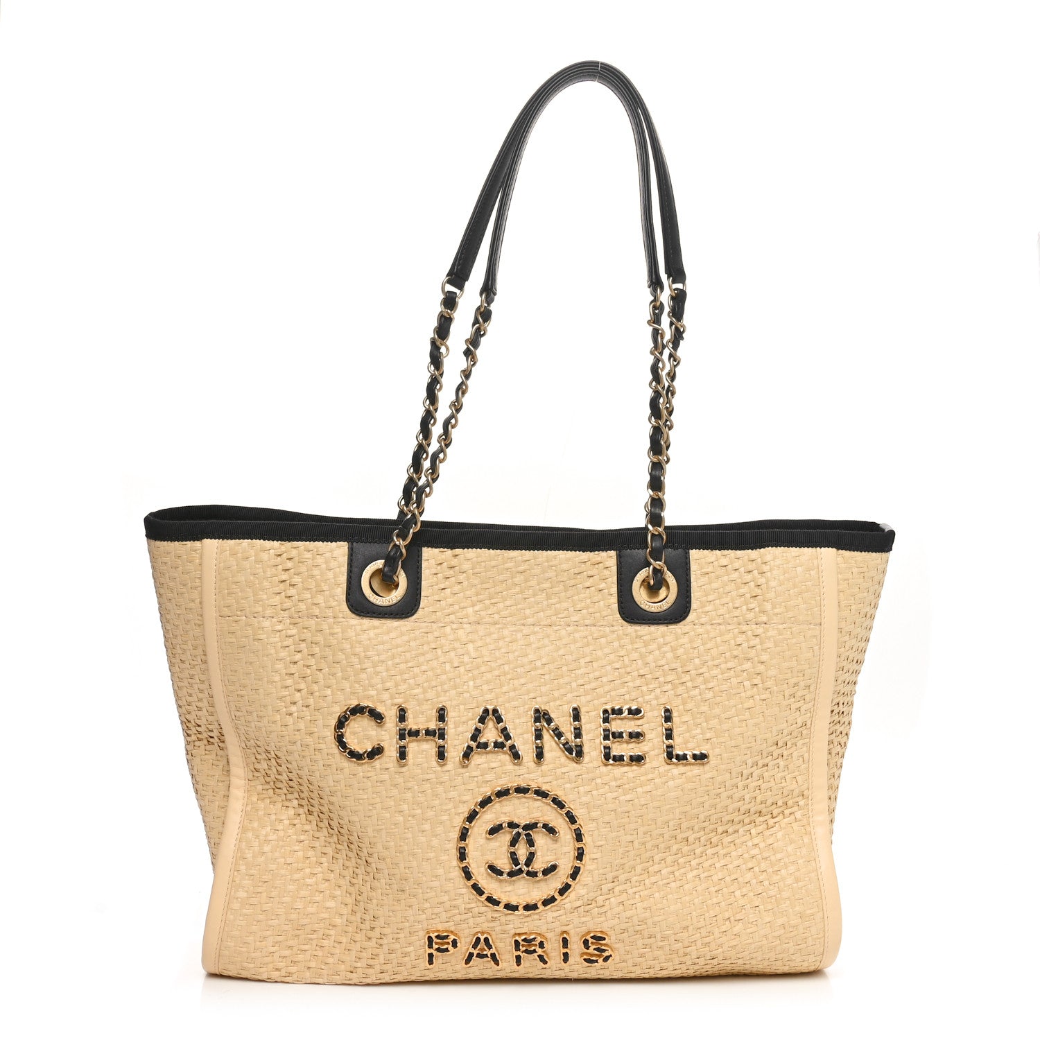 Chanel Straw Raffia Calfskin Chain Small Deauville Tote Beige Black 1 of 10