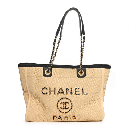 Chanel Straw Raffia Calfskin Chain Small Deauville Tote Beige Black 1 of 10
