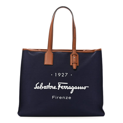 Salvatore Ferragamo Canvas 1927 Signature Tote Navy Brown 1 of 12