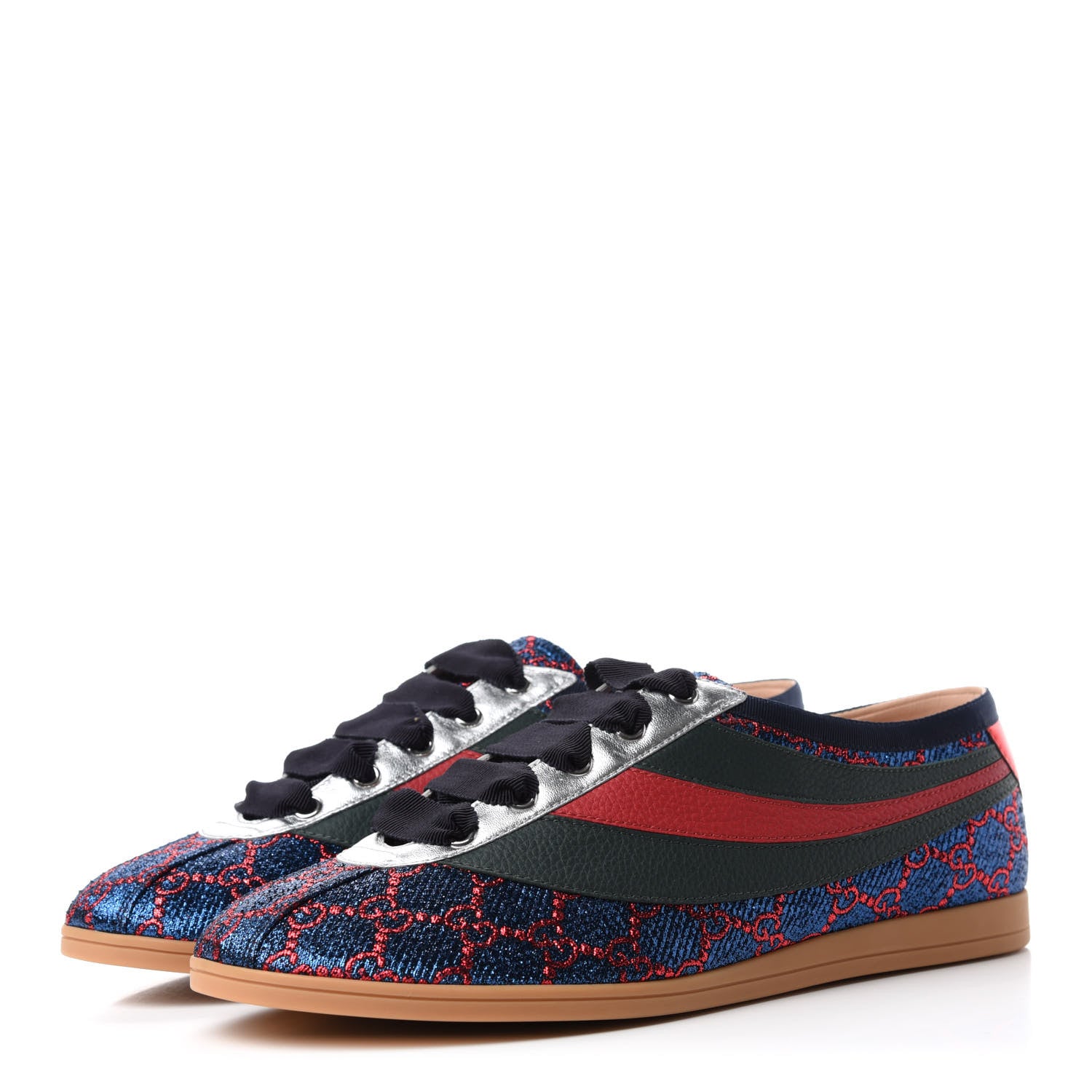 Gucci Lurex Calfskin Web GG Monogram Mens Falacer Sneakers 8 Iridescent Blue Iridescent Red Silver 3 of 9