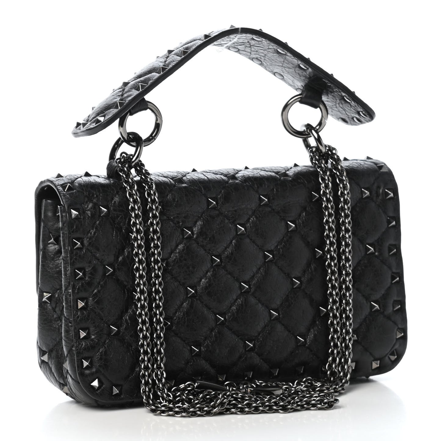 Craquele Nappa Small Rockstud Spike Shoulder Bag Black