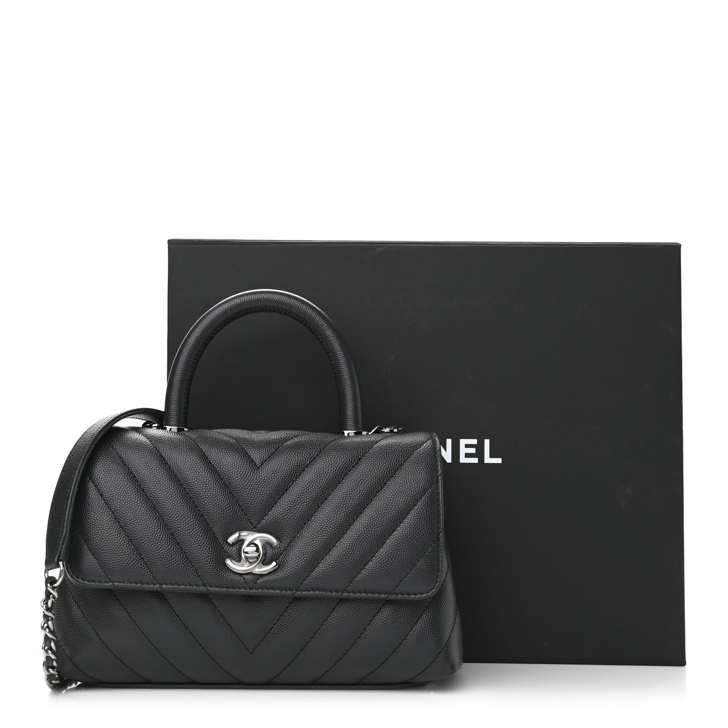 Caviar Chevron Quilted Mini Coco Handle Flap Dark Grey