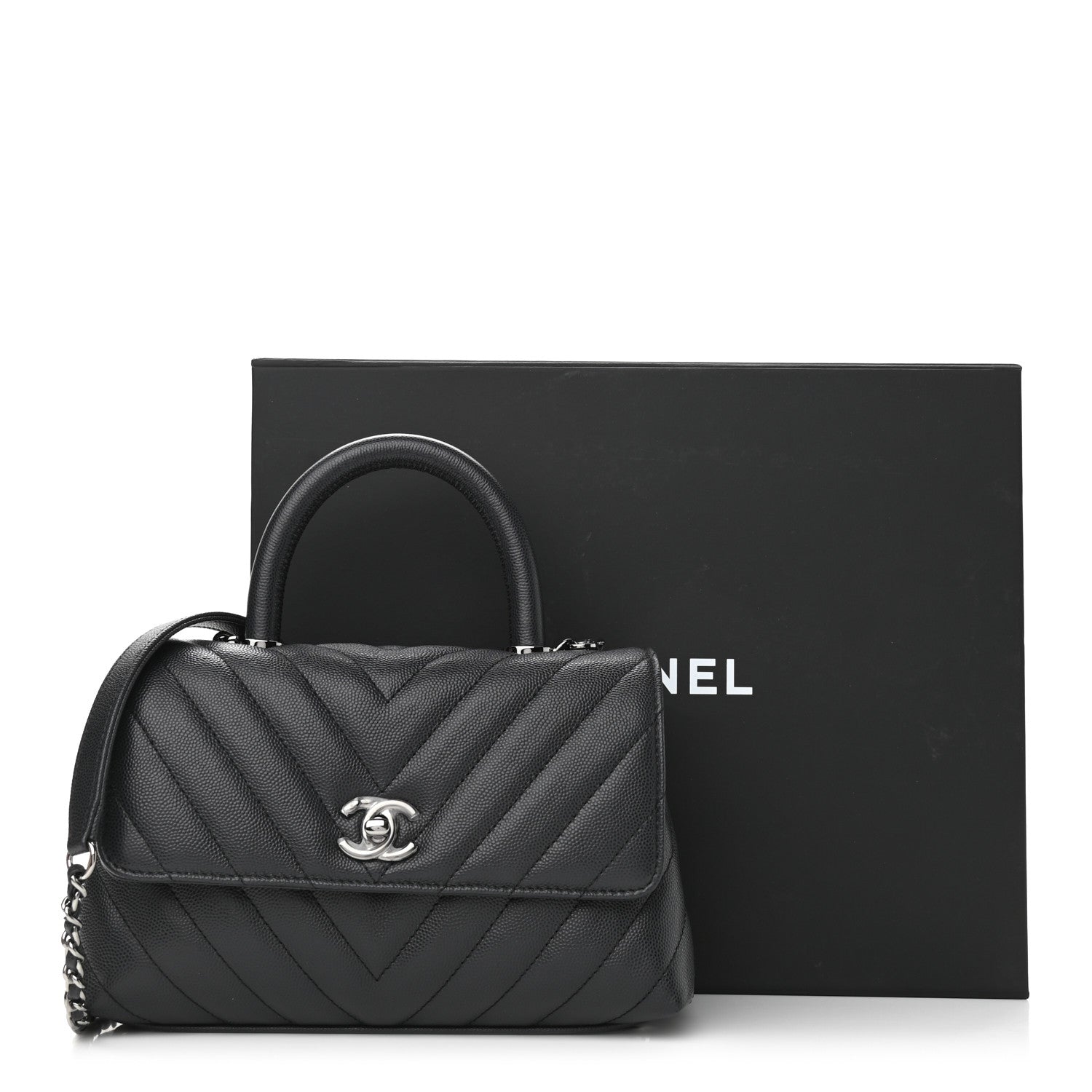 Chanel Caviar Chevron Quilted Mini Coco Handle Flap Dark Grey 12 of 12