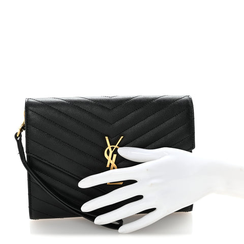 Grain De Poudre Matelasse Chevron Monogram Envelope Clutch Black