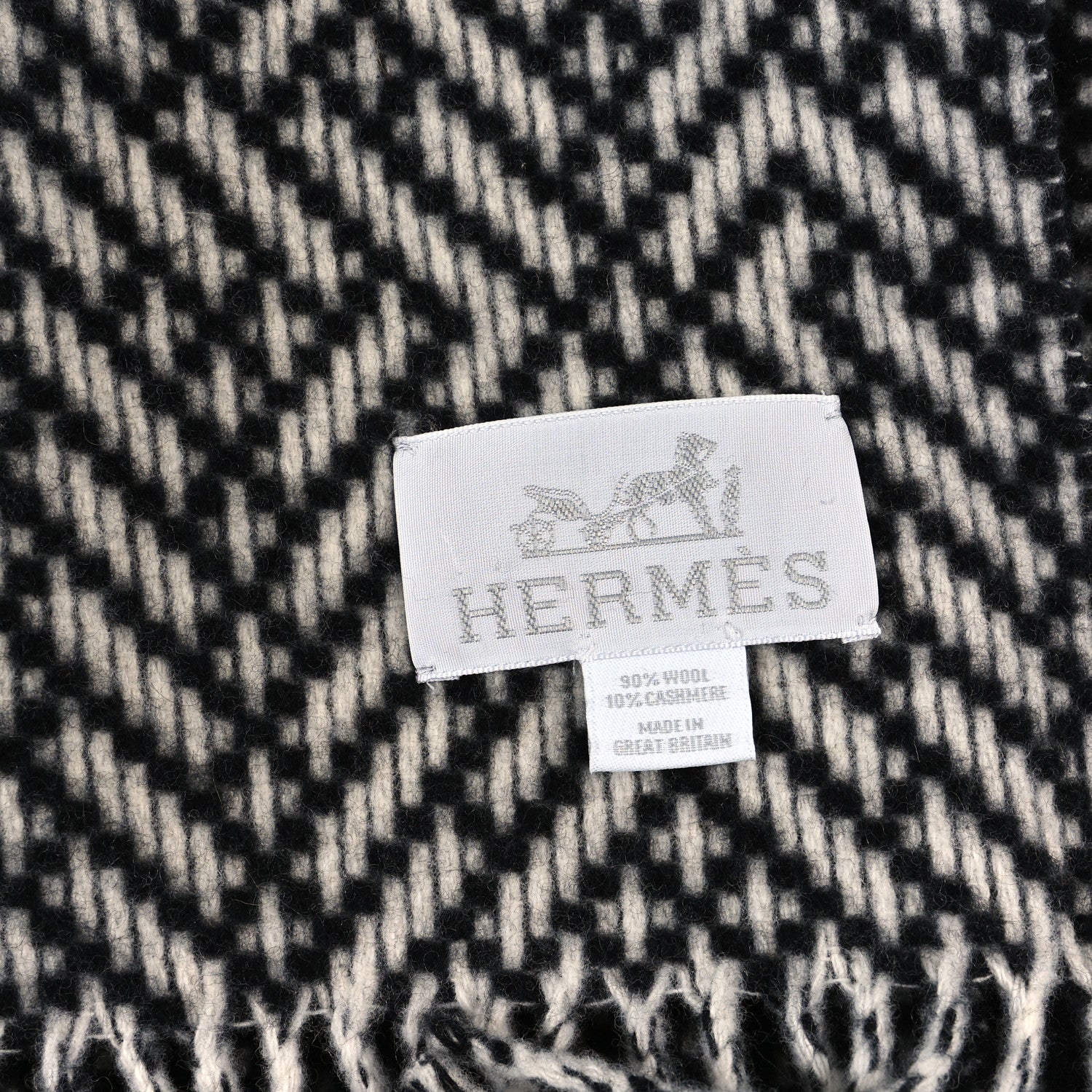 Hermes Wool Cashmere Fringe Herringbone Blanket Ecru Black 3 of 3
