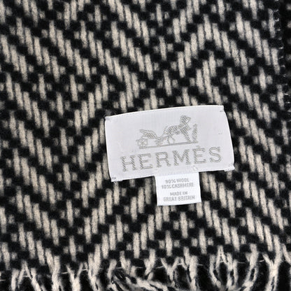 Hermes Wool Cashmere Fringe Herringbone Blanket Ecru Black 3 of 3