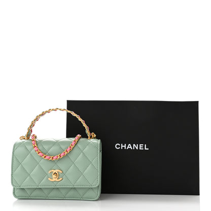 Chanel Shiny Calfskin Quilted Top Handle Flap Clutch With Chain Light Green 11 of 11