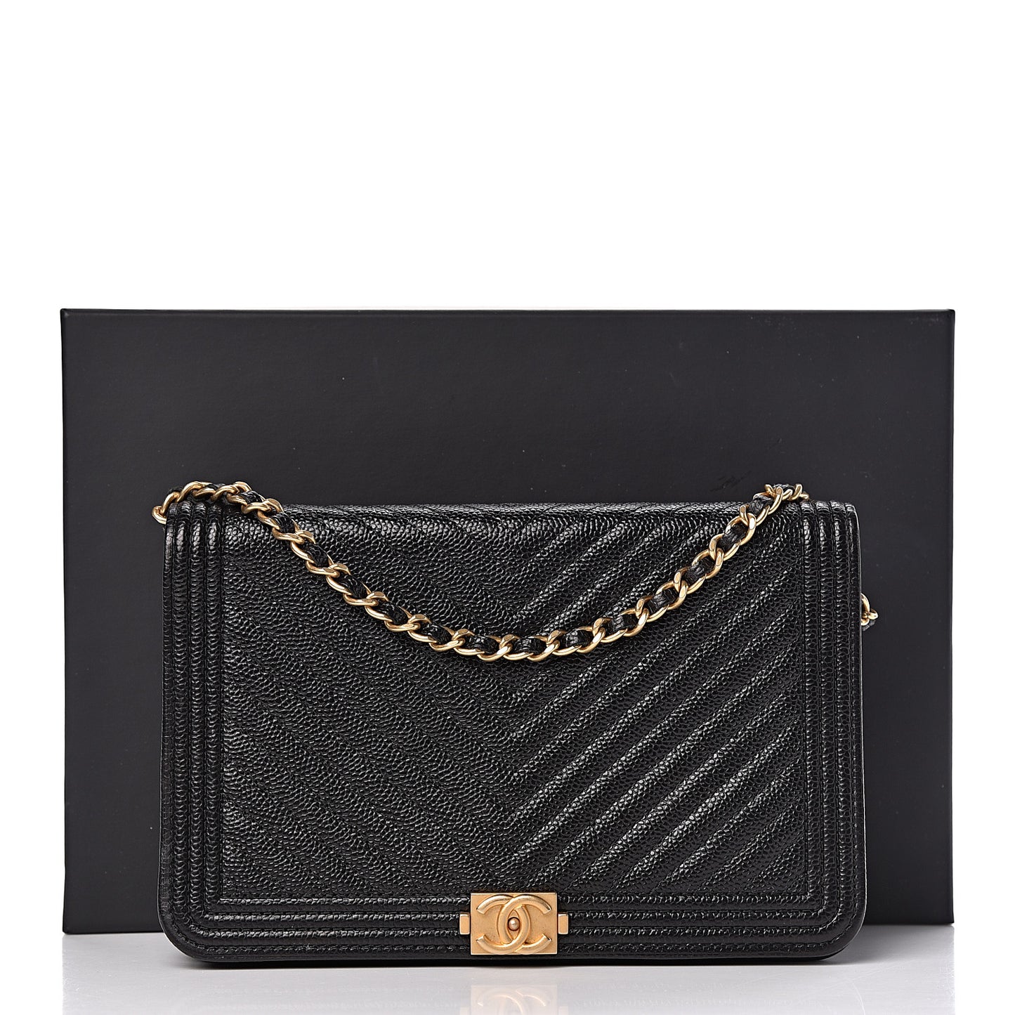 Caviar Chevron Quilted Boy Wallet On Chain WOC Black