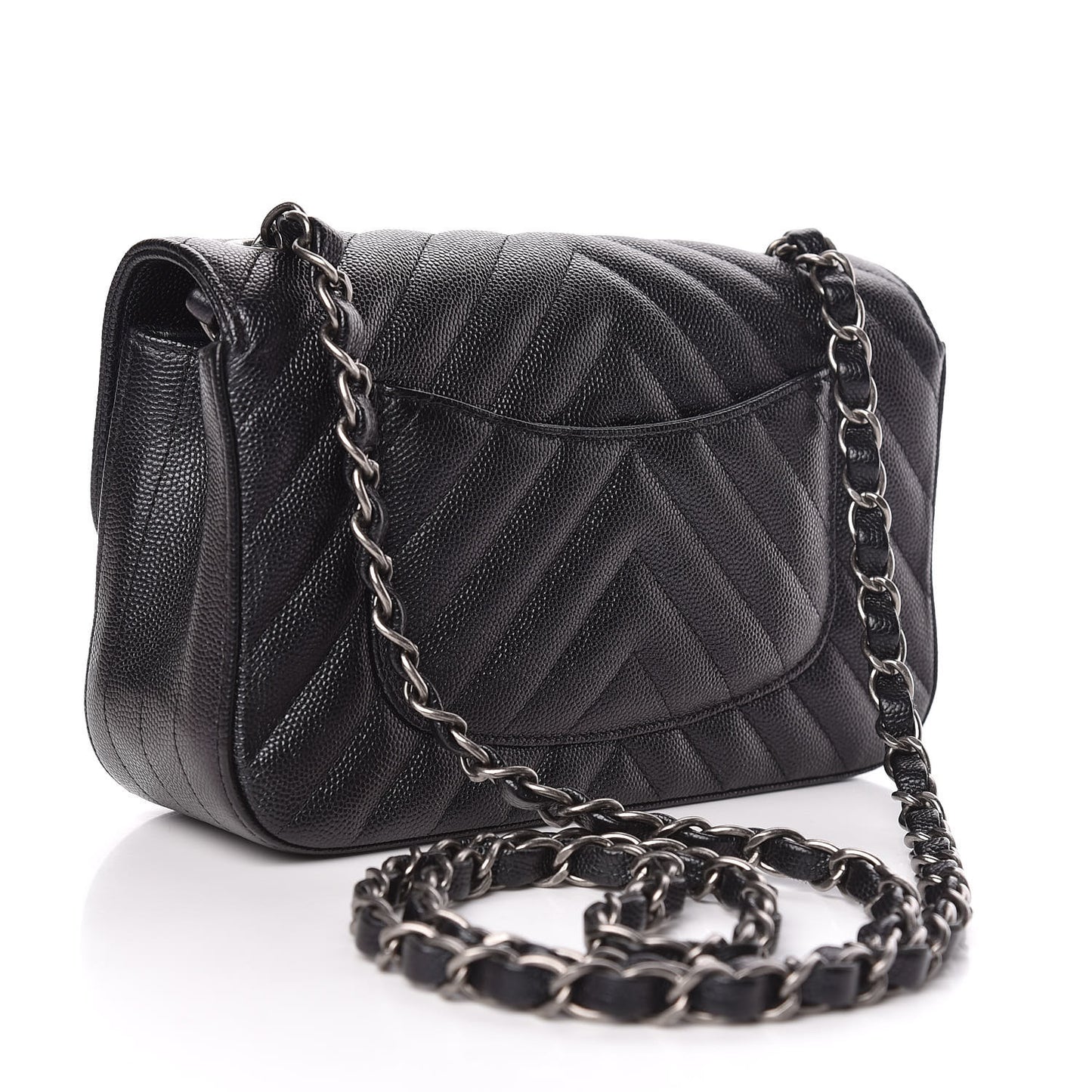 Iridescent Caviar Chevron Quilted Mini Rectangular Flap Black
