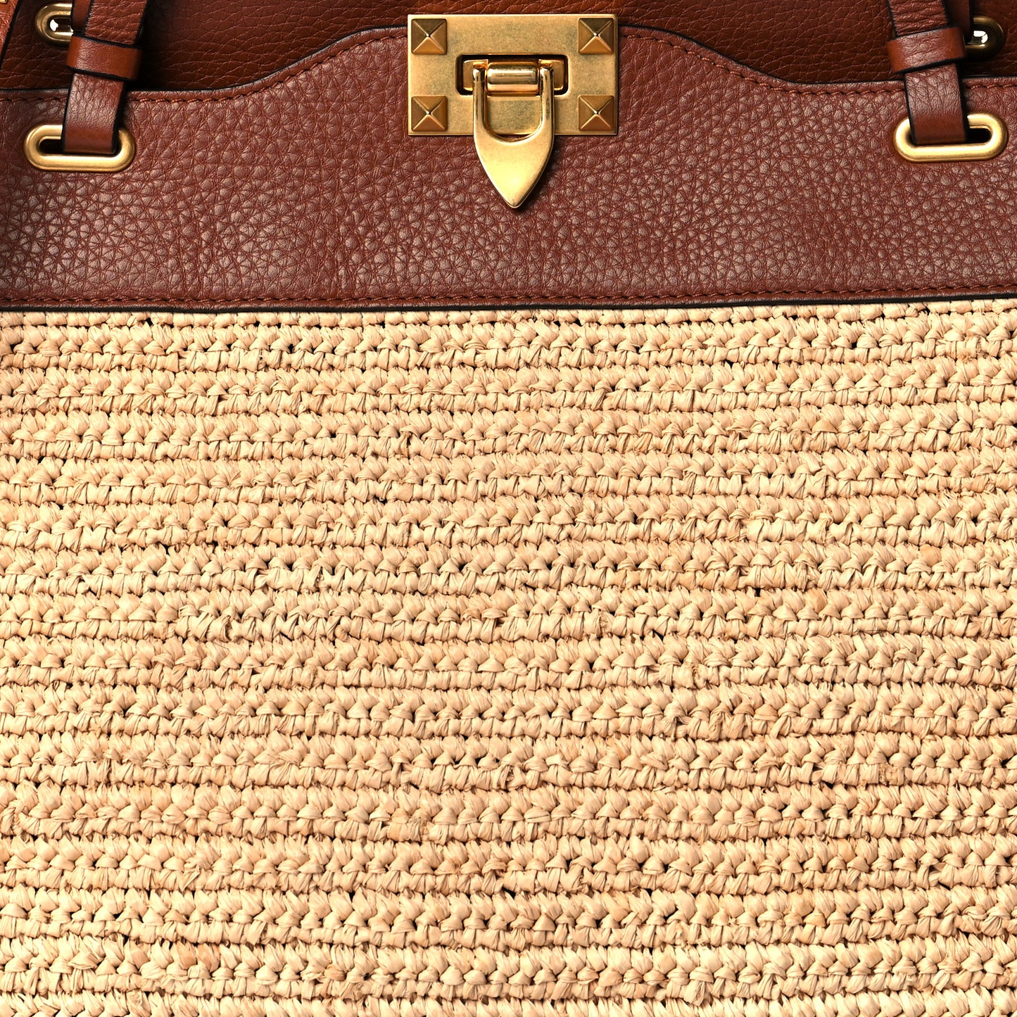 Raffia Calfskin Rockstud Tote Naturale Saddle Brown