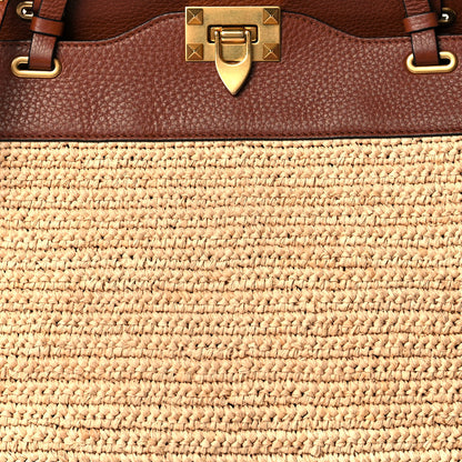 Valentino Garavani Raffia Calfskin Rockstud Tote Naturale Saddle Brown 7 of 10