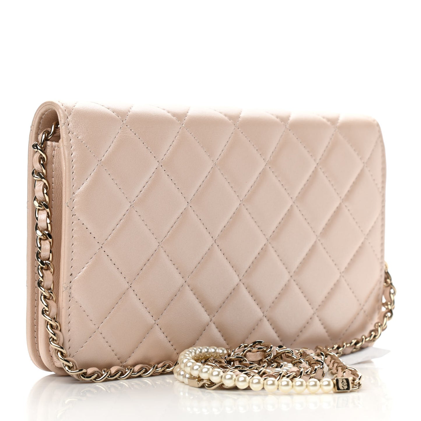 Iridescent Lambskin Quilted Pearl Wallet On Chain WOC Light Beige