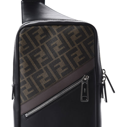 Fendi Glazed Fabric Vitello Liberty FF 1974 Diagonal Sling Bag Tobacco Moresco Black 9 of 9