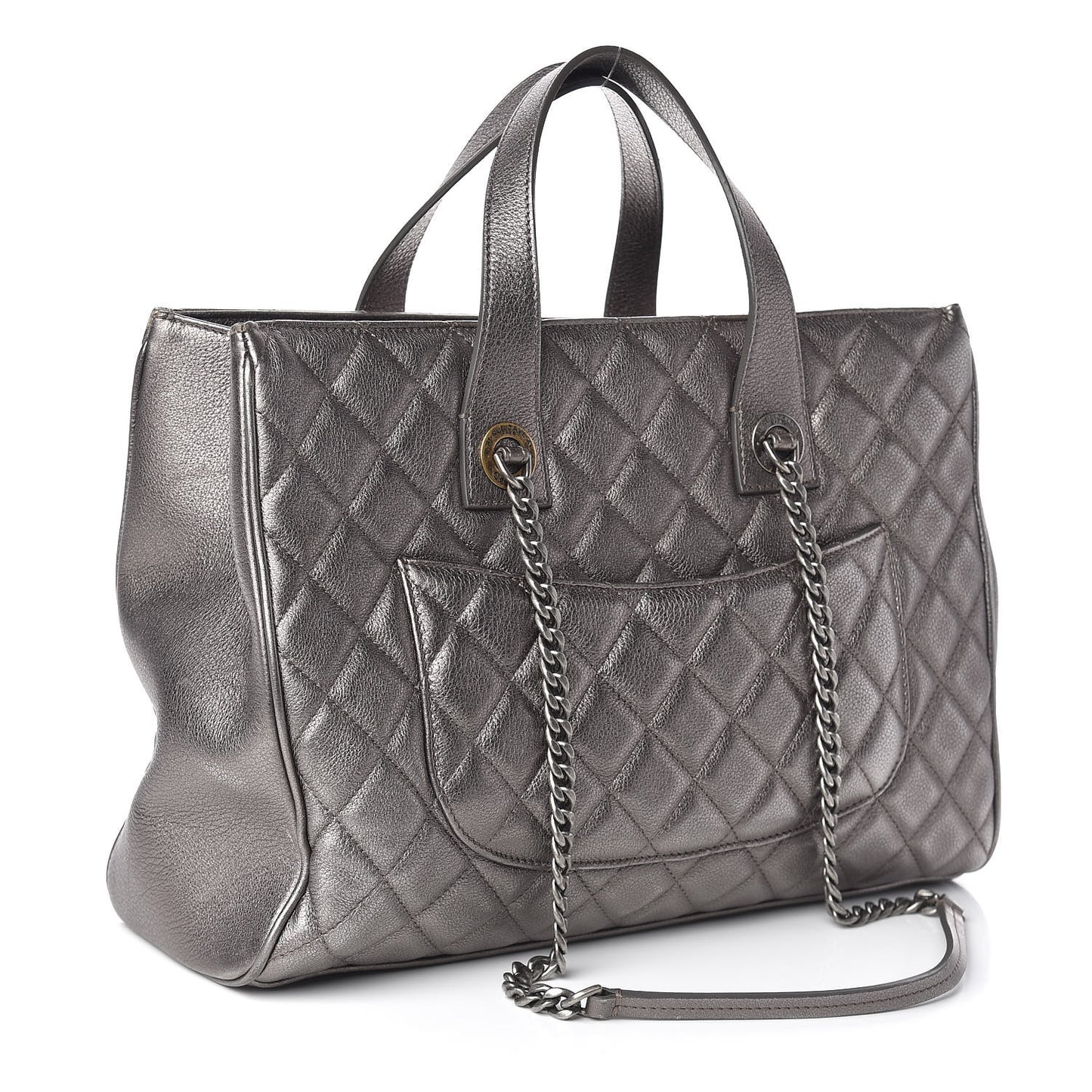 Metallic Grained Calfskin Quilted Large Casual Pocket Tote Silver