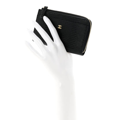 Chanel Calfskin Lizard Embossed Zip Card Holder Black 2 of 8