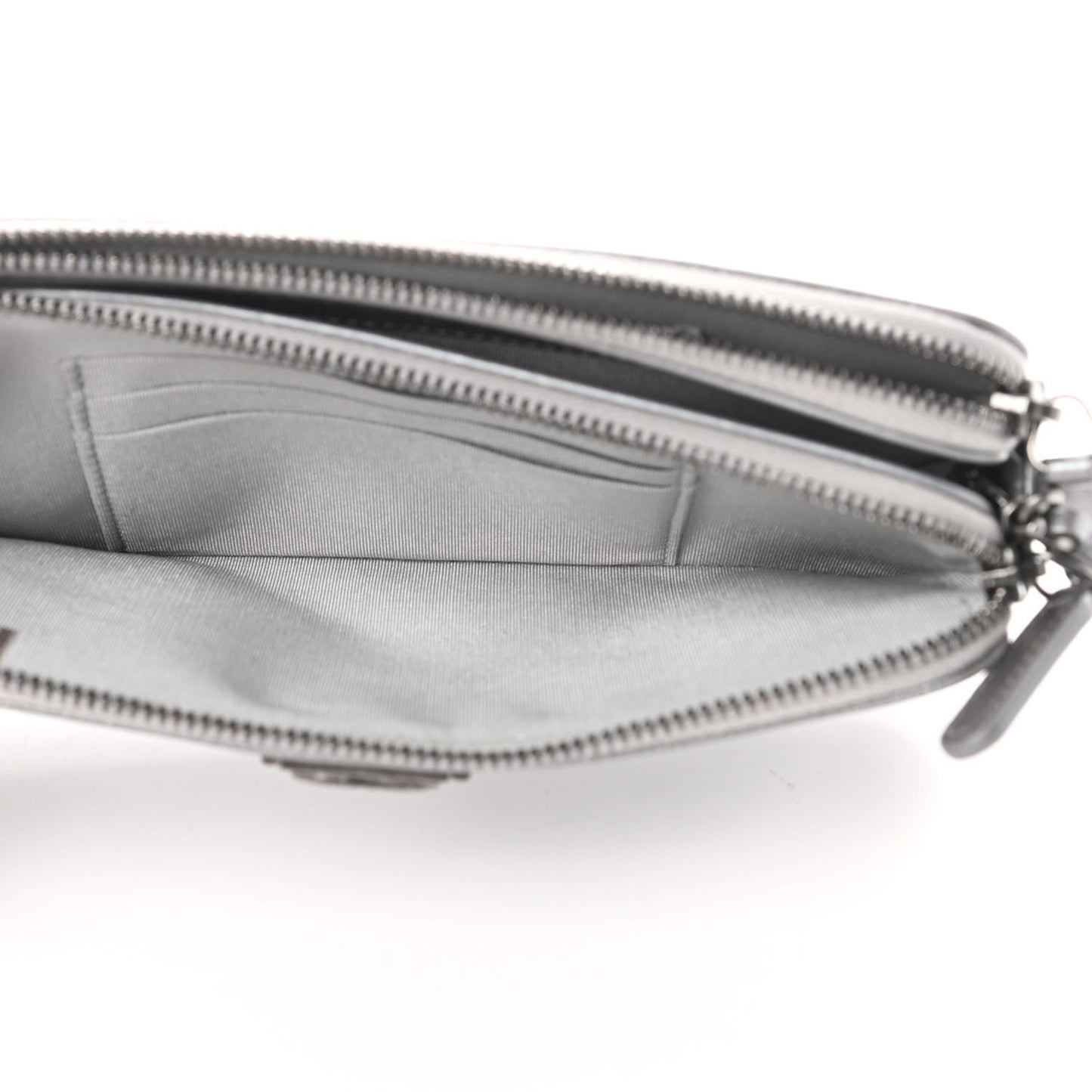 Metallic Caviar Quilted Small Boy Clutch With Chain Silver