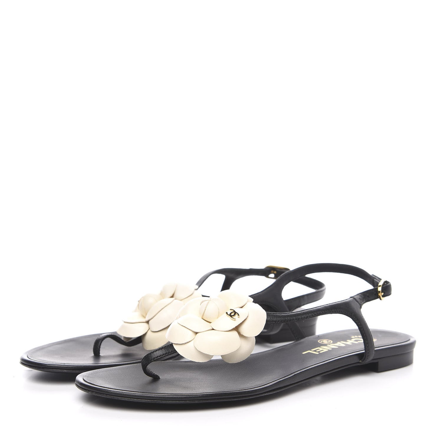 Lambskin Camellia Thong Sandals 38.5 Black White