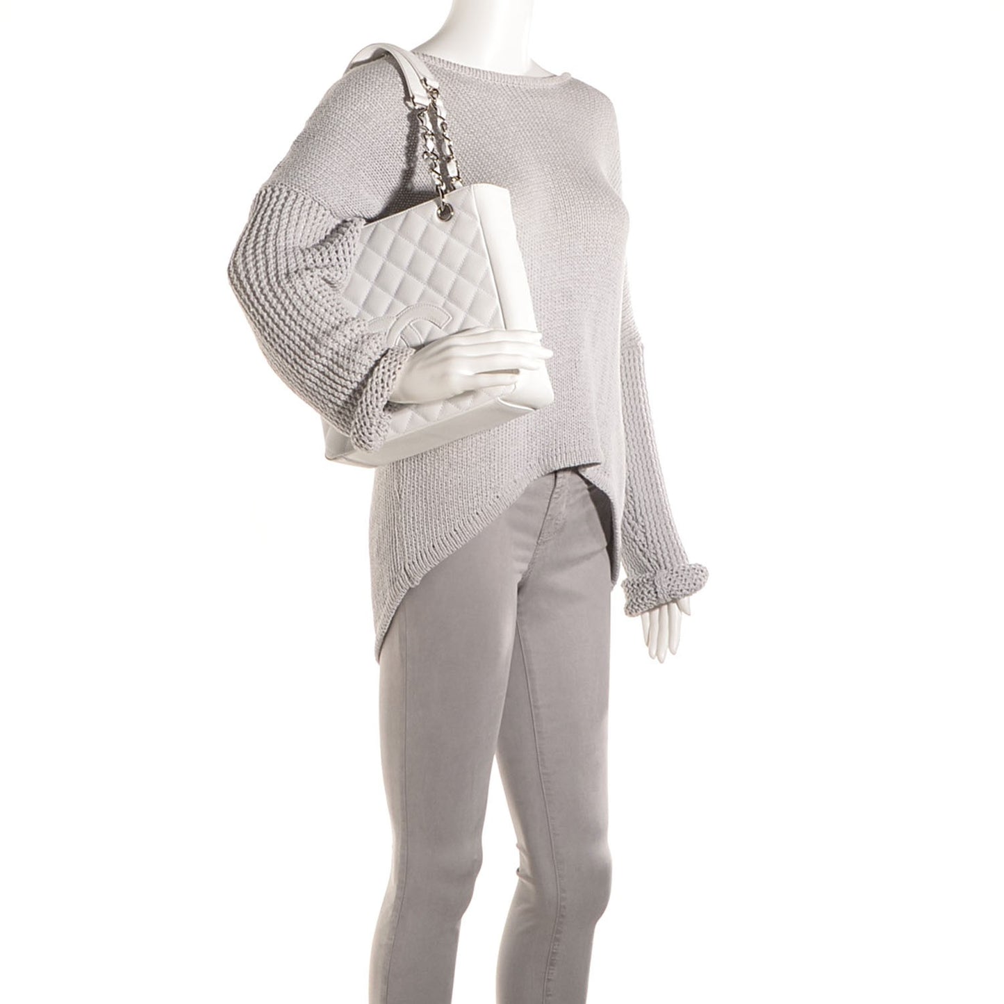 Caviar Quilted Petit Shopping Tote PST White