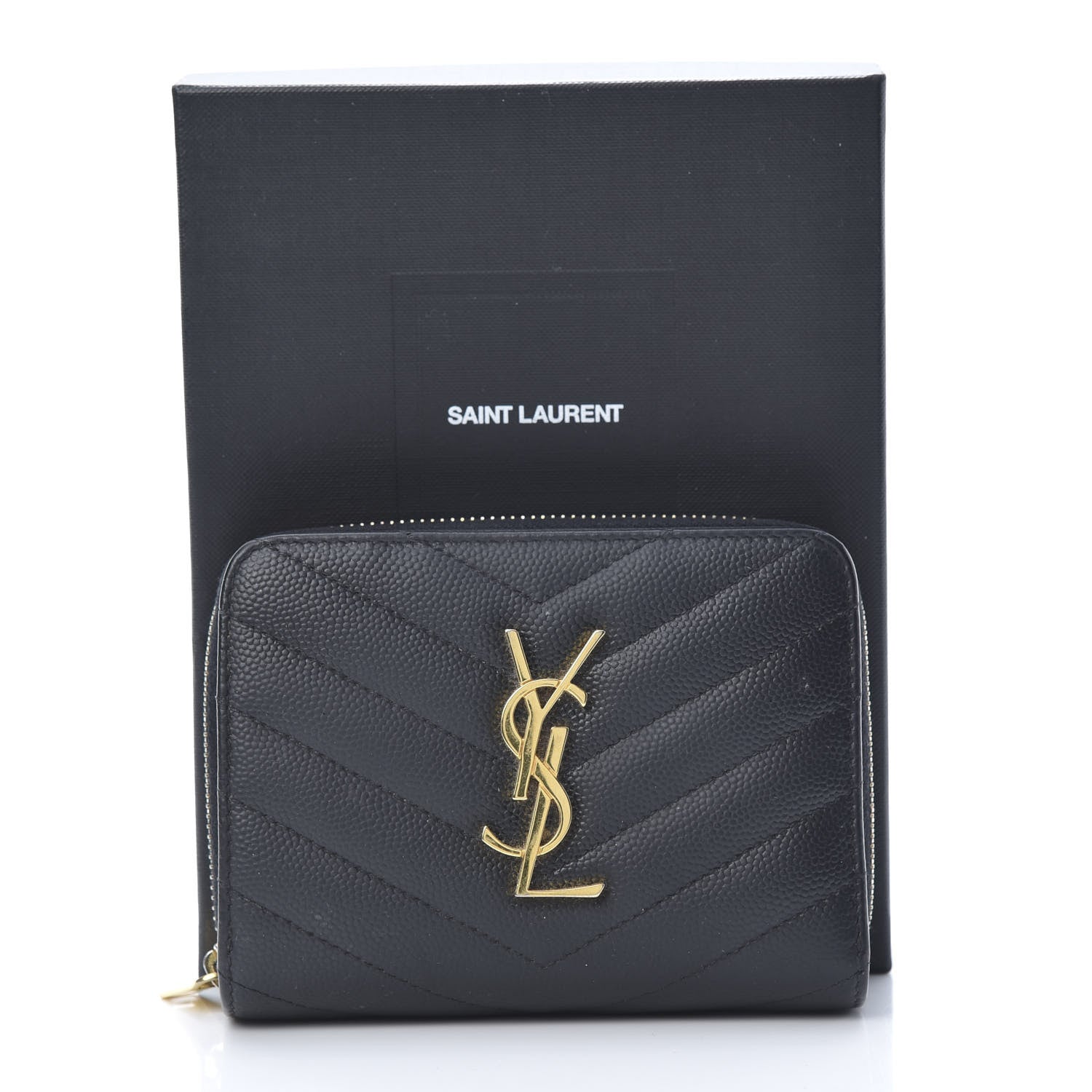 Saint Laurent Grain De Poudre Matelasse Chevron Monogram Compact Zip Around Wallet Black 10 of 10