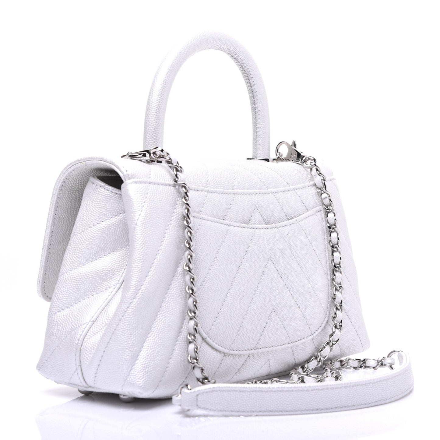 Iridescent Caviar Chevron Quilted Mini Coco Handle Flap White