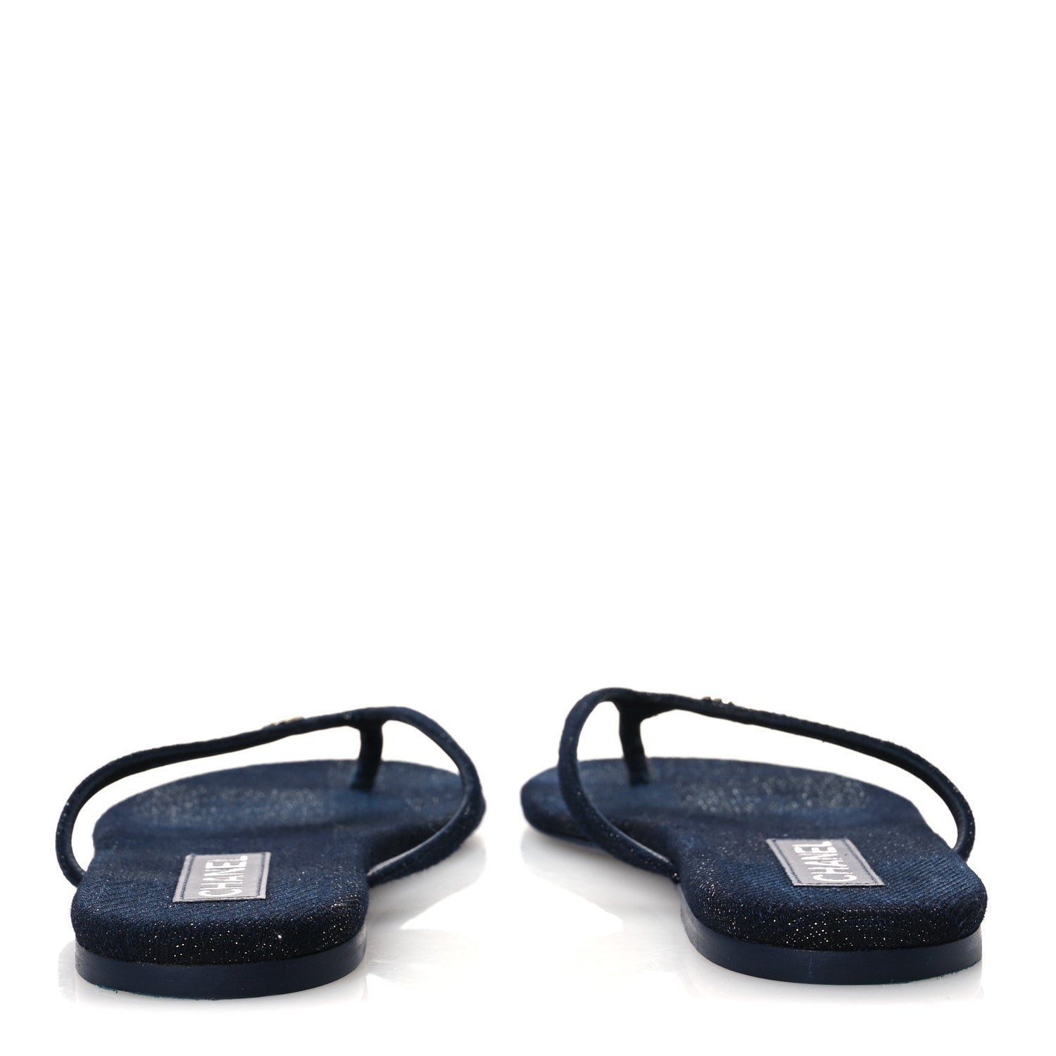 Chanel Cotton Silk Crystal CC Thong Sandals 40 Dark Blue Silver