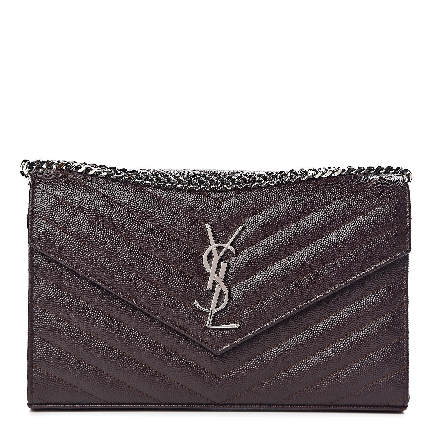 Saint Laurent Grain De Poudre Matelasse Chevron Monogram Chain Wallet Dark Brown 1 of 11