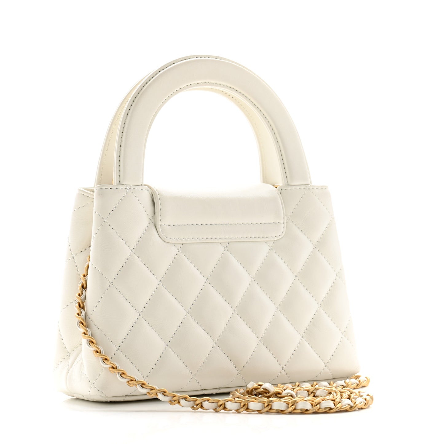 Shiny Aged Calfskin Quilted Nano Kelly Shopper White