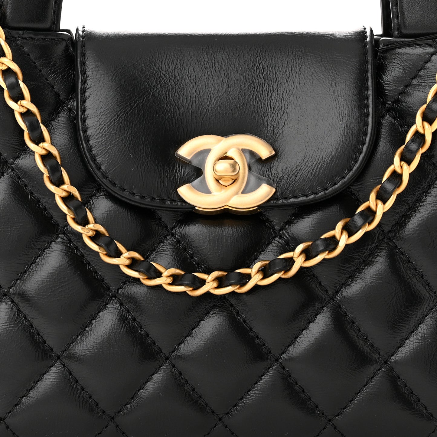 Shiny Aged Calfskin Quilted Nano Kelly Shopper Black