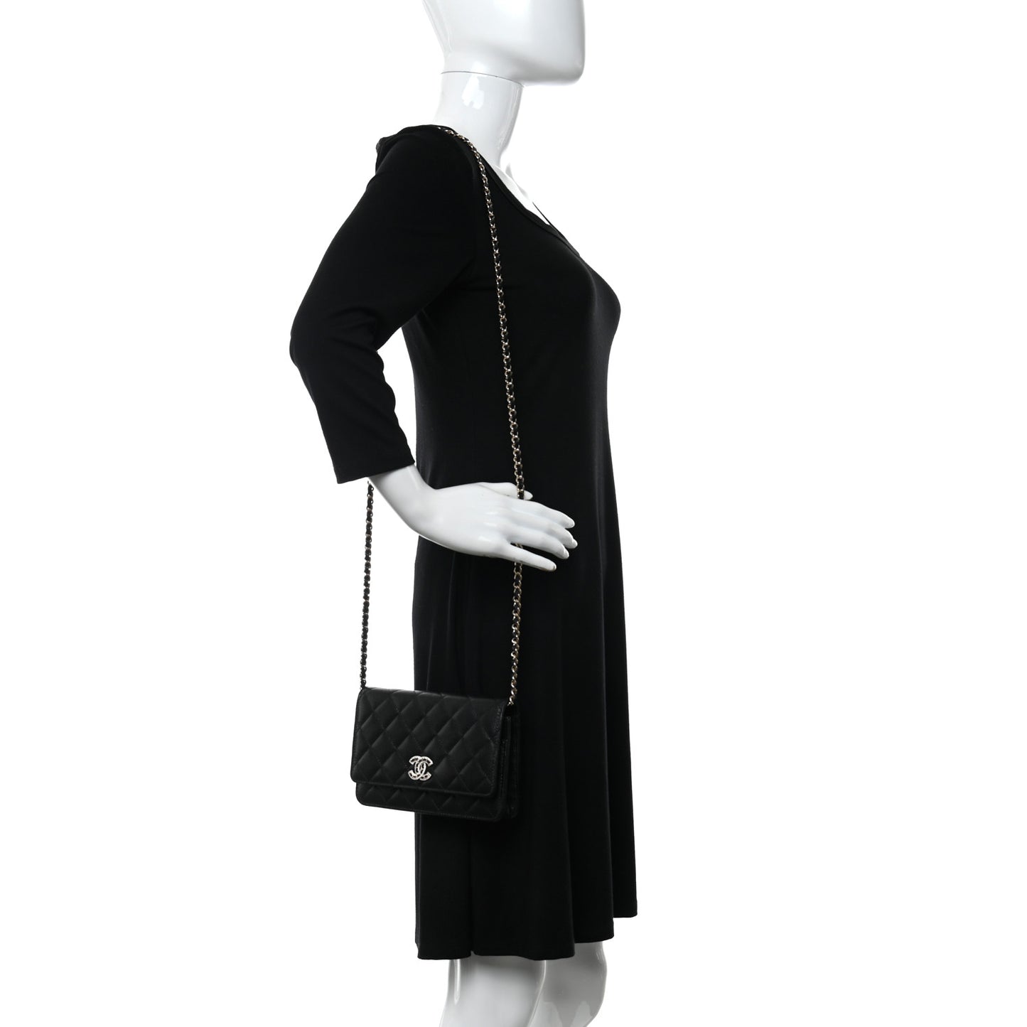 Caviar Quilted Crystal CC Wallet On Chain WOC Black