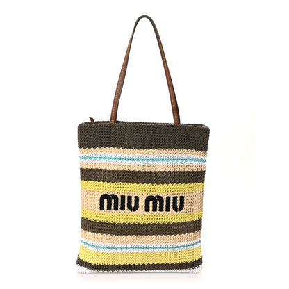 Miu Miu Raffia Crochet Stripe Vertical Tote Bag Tundra Limone Natural 1 of 9