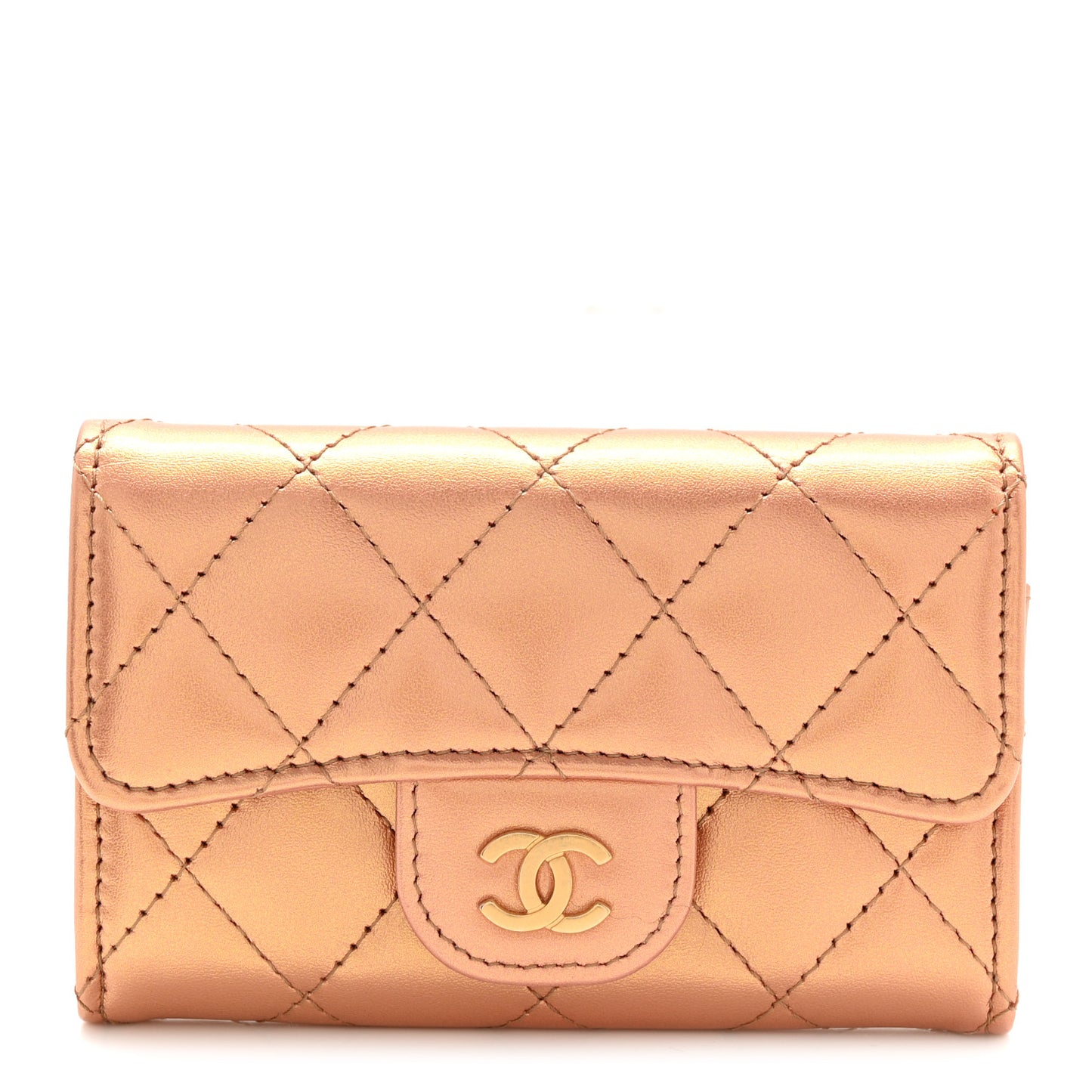Metallic Lambskin Quilted Flap Card Holder Wallet Golden