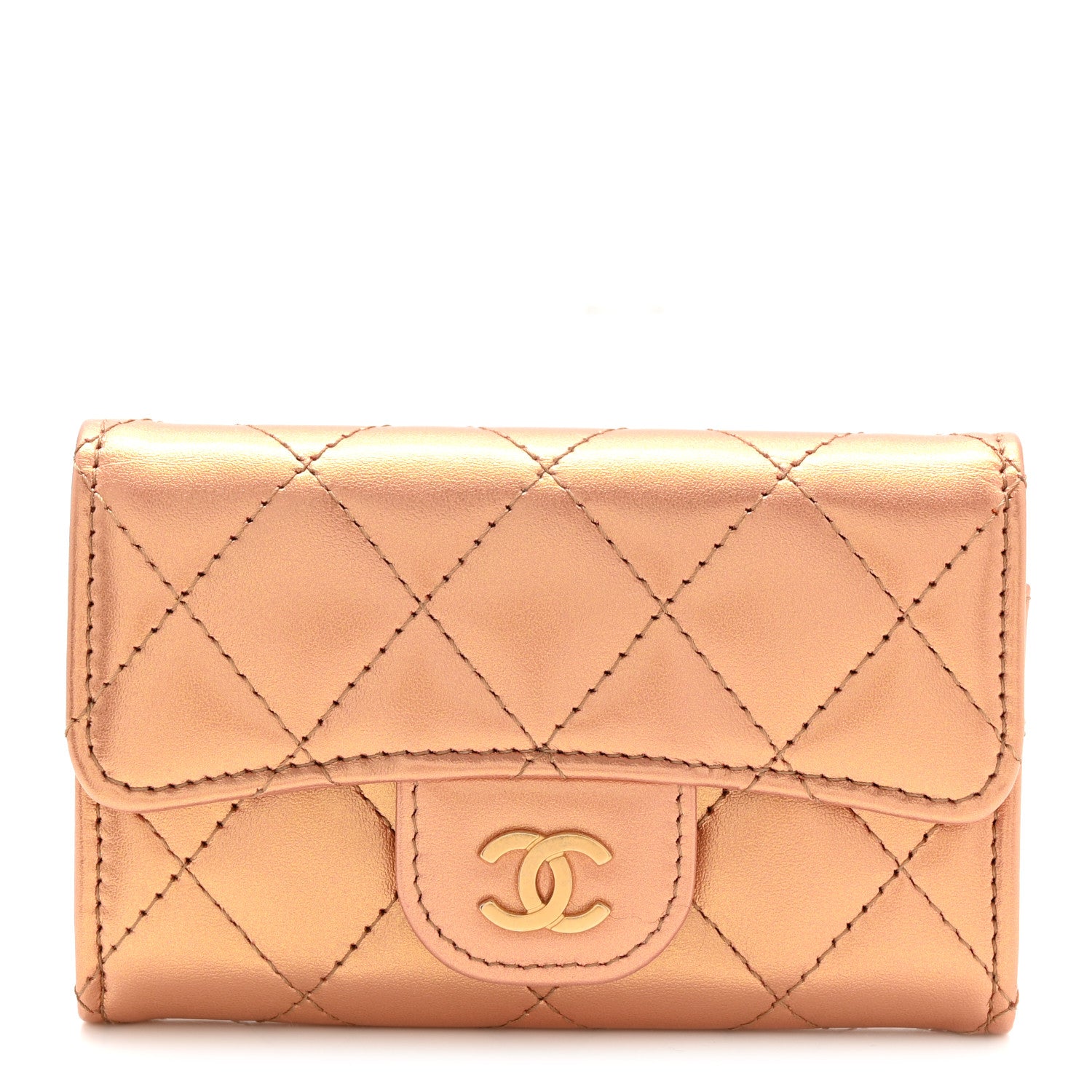 Chanel Metallic Lambskin Quilted Flap Card Holder Wallet Golden 1 of 9