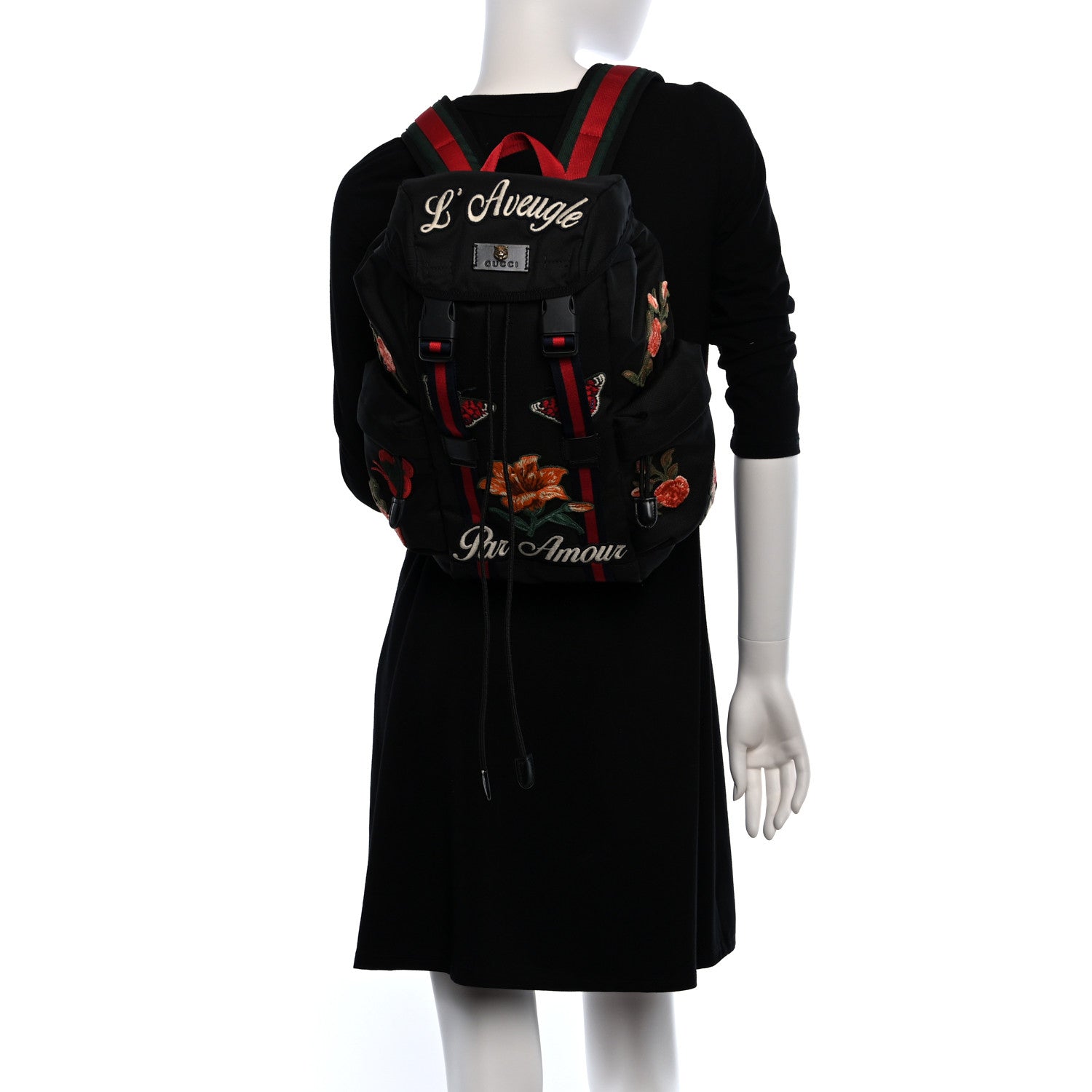Gucci Techno Canvas Web L'Aveugle Par Amour Embroidered Double Buckle Backpack Black 2 of 11
