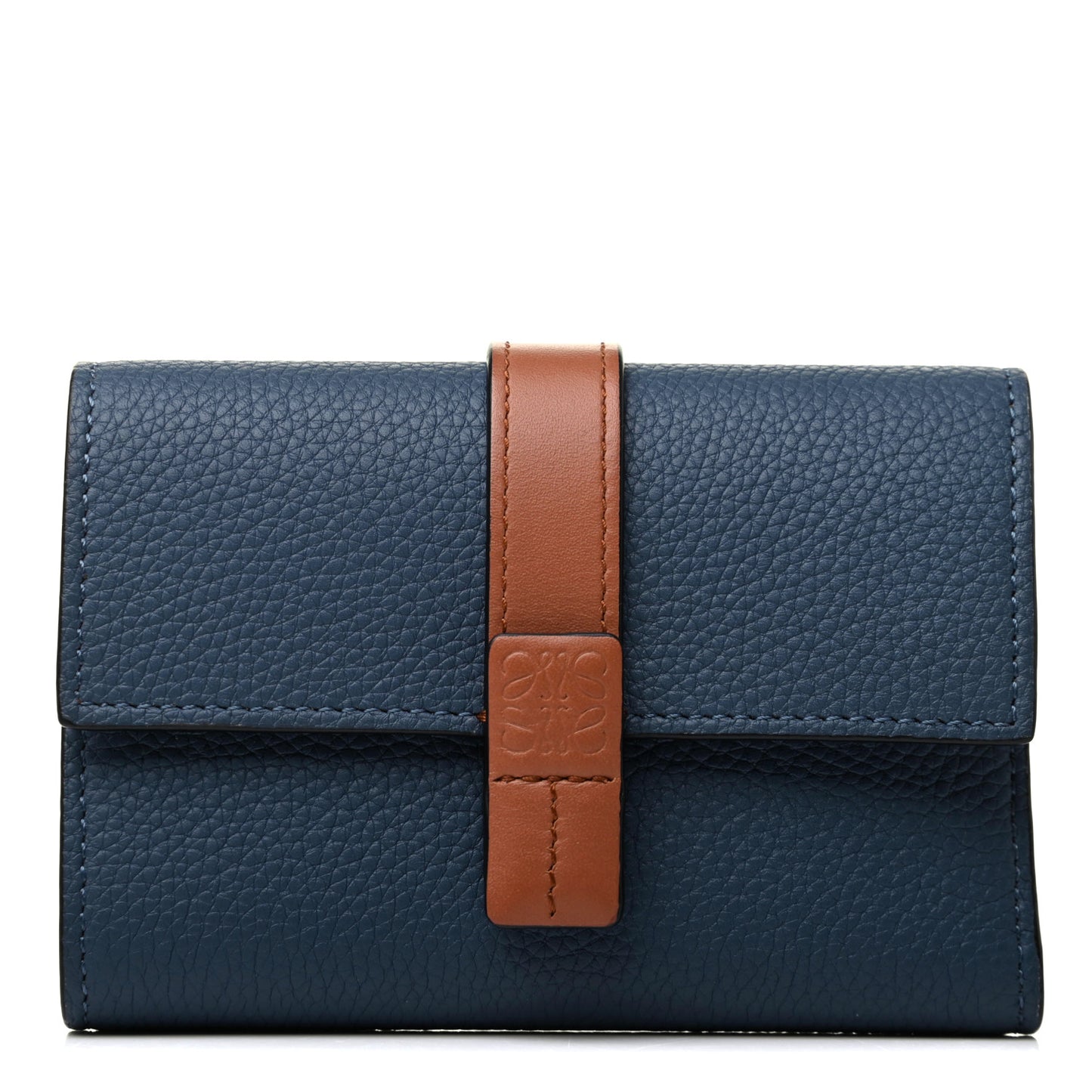 Grained Calfskin Small Vertical Wallet Steel Blue Tan